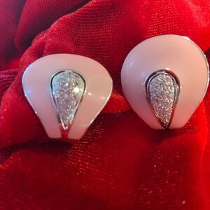 Rare Roberto Coin 18KWG Diamond & Pink Enamel Omega Back Earrings